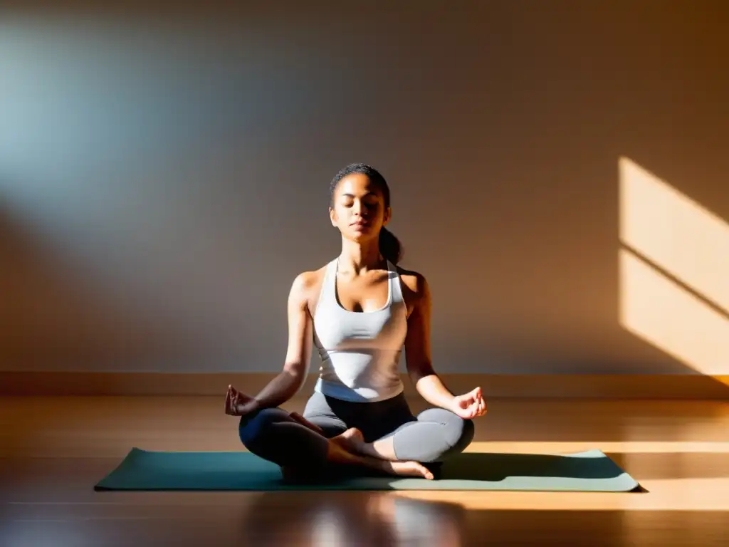 Práctica de meditación en un espacio sereno y soleado Práctica de respiración profunda fortalece sistema inmunológico en ambiente sereno y meditativo con luz suave y decoración minimalista