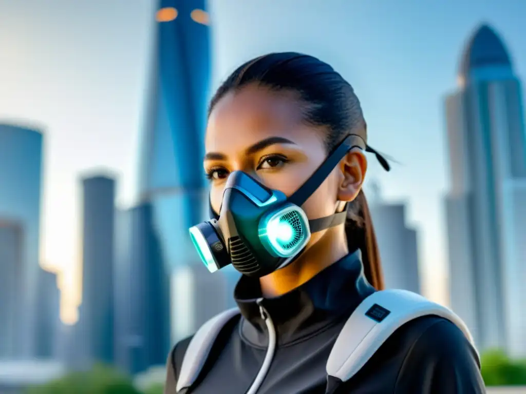 Respirador futurista con tecnología inteligente y filtros avanzados Un respirador personal inteligente de última generación para defensa inmunológica, con diseño futurista y tecnología avanzada, en un entorno urbano
