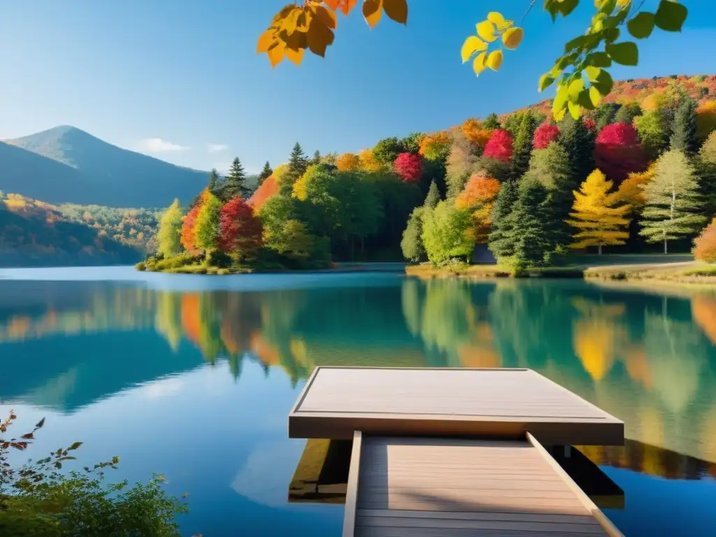 Retiro de meditación en la naturaleza: serenidad y calma Retiro de meditación para inmunidad en sereno entorno natural, con lago, montañas y follaje otoñal vibrante