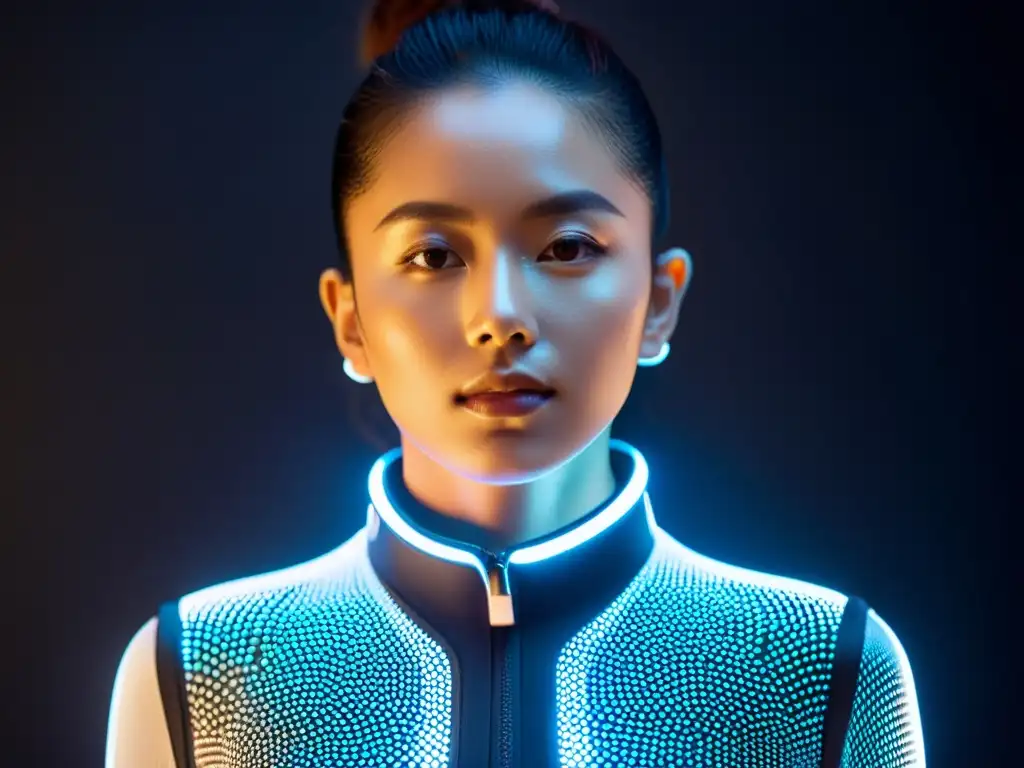 Dispositivo futurista ilumina la vitalidad Un retrato detallado de una persona con un dispositivo wearable futurista que emite una luz suave