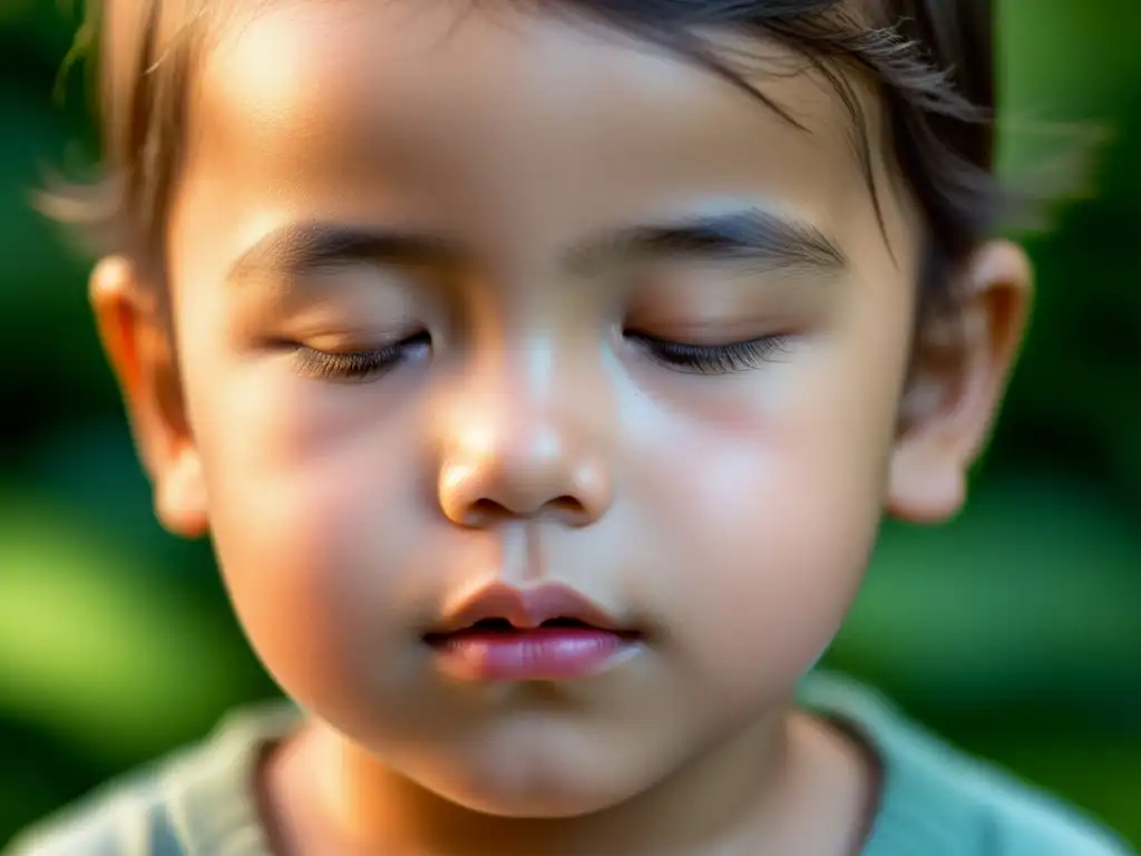 Retrato de un niño con los ojos cerrados, iluminado suavemente, evocando calma y tranquilidad para fortalecer el sistema inmunológico de los niños