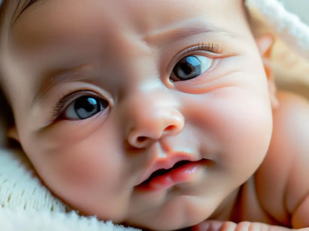 Rostro de bebé recién nacido: fragilidad y belleza Retrato de un recién nacido con ojos brillantes, piel suave y delicadas pestañas