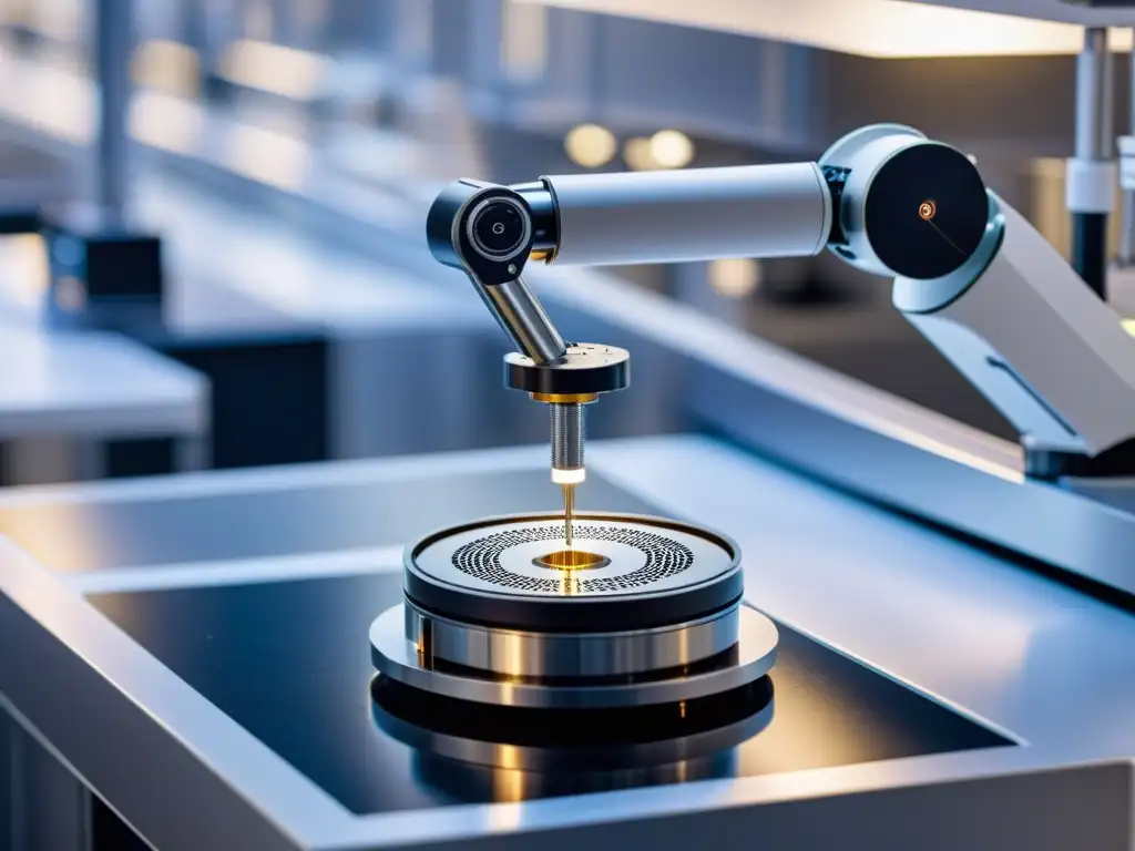 Robot inmunológico manipula muestra en laboratorio avanzado Robot de laboratorio de inmunología manipulando muestra en ambiente tecnológico