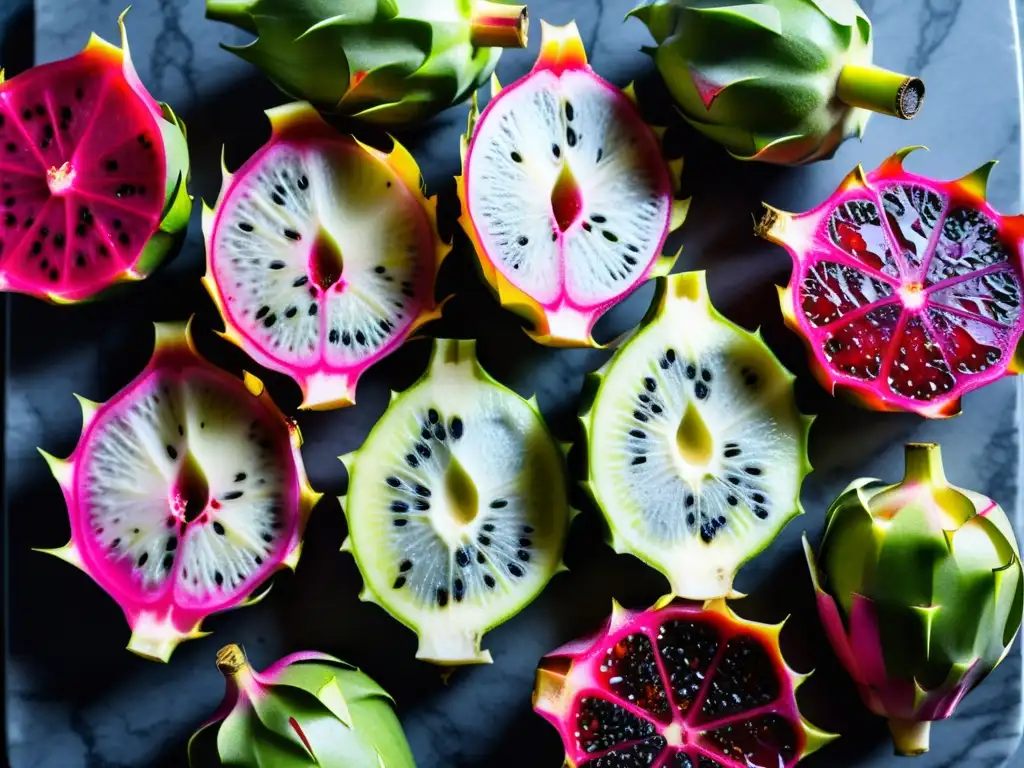 Exótica frescura: Detalles vibrantes de pitahaya en mármol negro Rodajas vibrantes de pitahaya en un tablero de corte de mármol negro, destacando colores y patrones