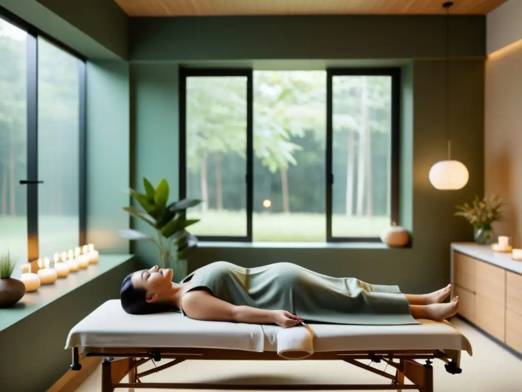 Moderna sala de acupuntura: serenidad y profesionalismo Una sala de acupuntura moderna con luz natural, decoración minimalista y ambiente sereno