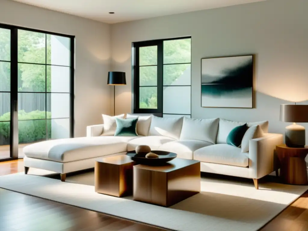 Sofisticada sala de estar 8k: diseño moderno y acogedor Una sala de estar impecablemente limpia y bien iluminada con un diseño interior moderno y minimalista