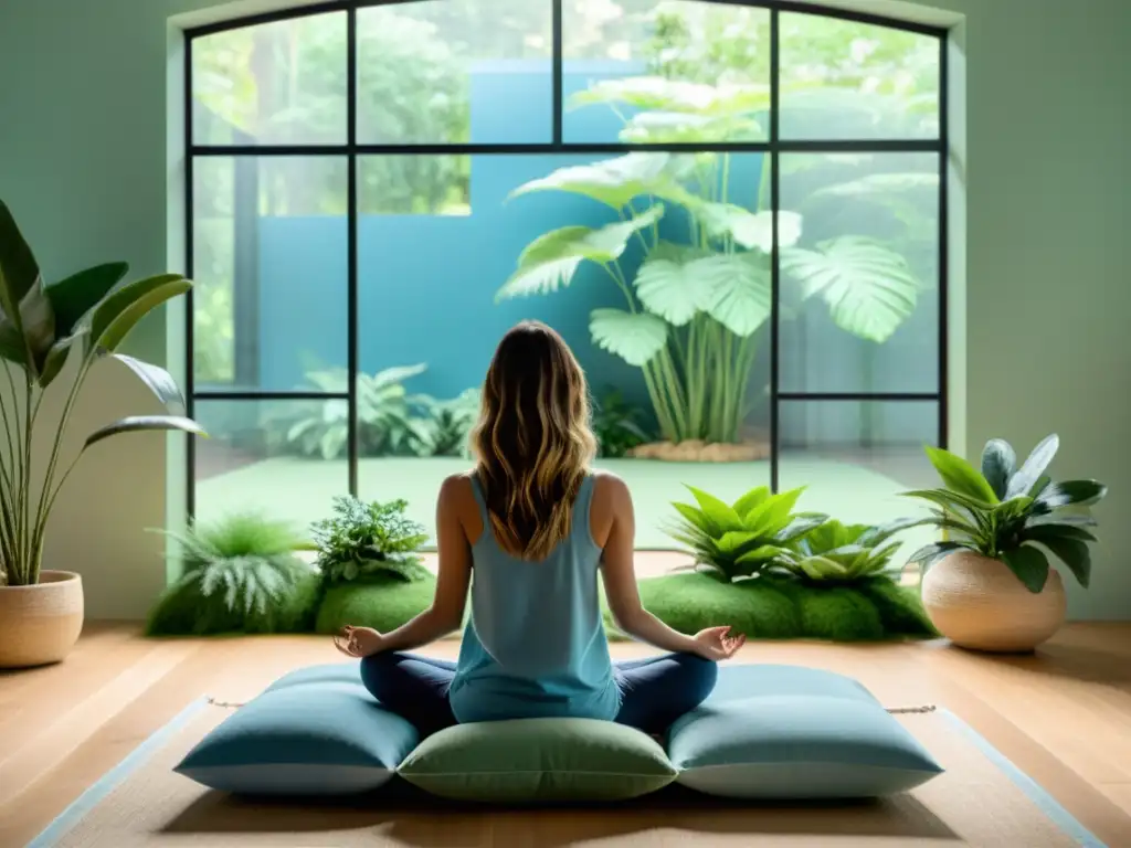 Espacio de meditación sereno con luz natural y plantas Una sala de meditación minimalista, con luz natural y plantas verdes, promueve los beneficios de la meditación para el sistema inmunológico