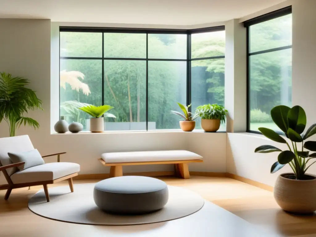 Serenidad terapéutica: Consultorio moderno con vista al jardín Una sala de terapia moderna y serena con amplias ventanas que dan a un jardín tranquilo
