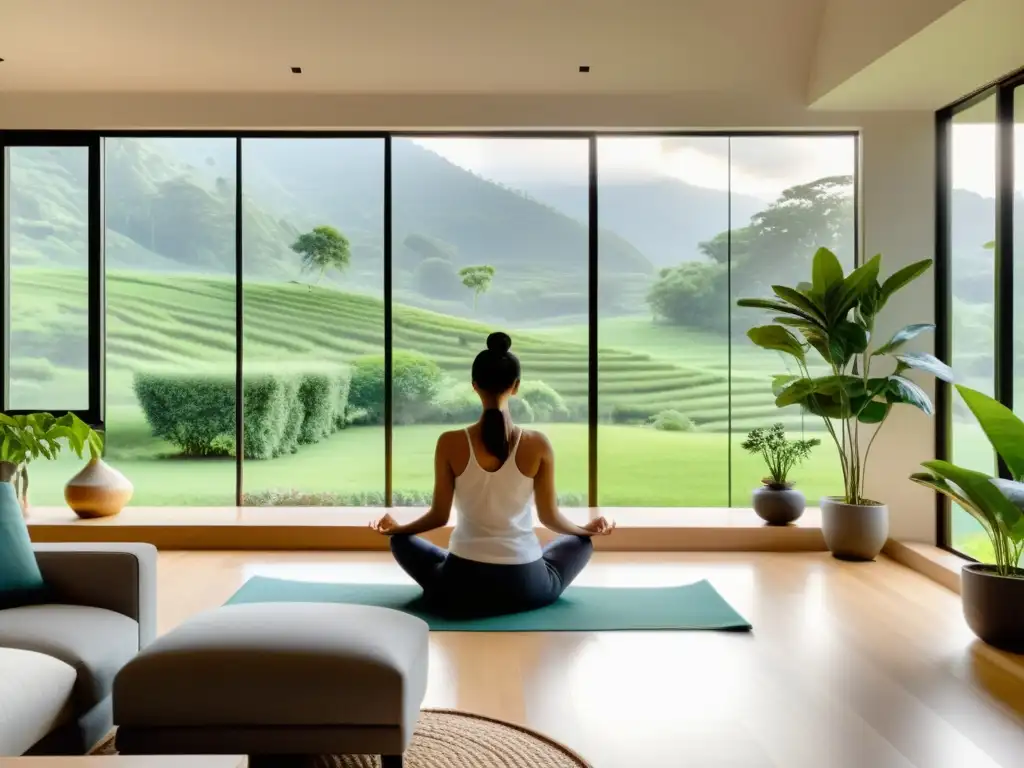 Salud inmunológica en casa: conviviendo en armonía Salud inmunológica y calma en moderno salón con vista a paisaje verde, promoviendo bienestar en crisis habitacional