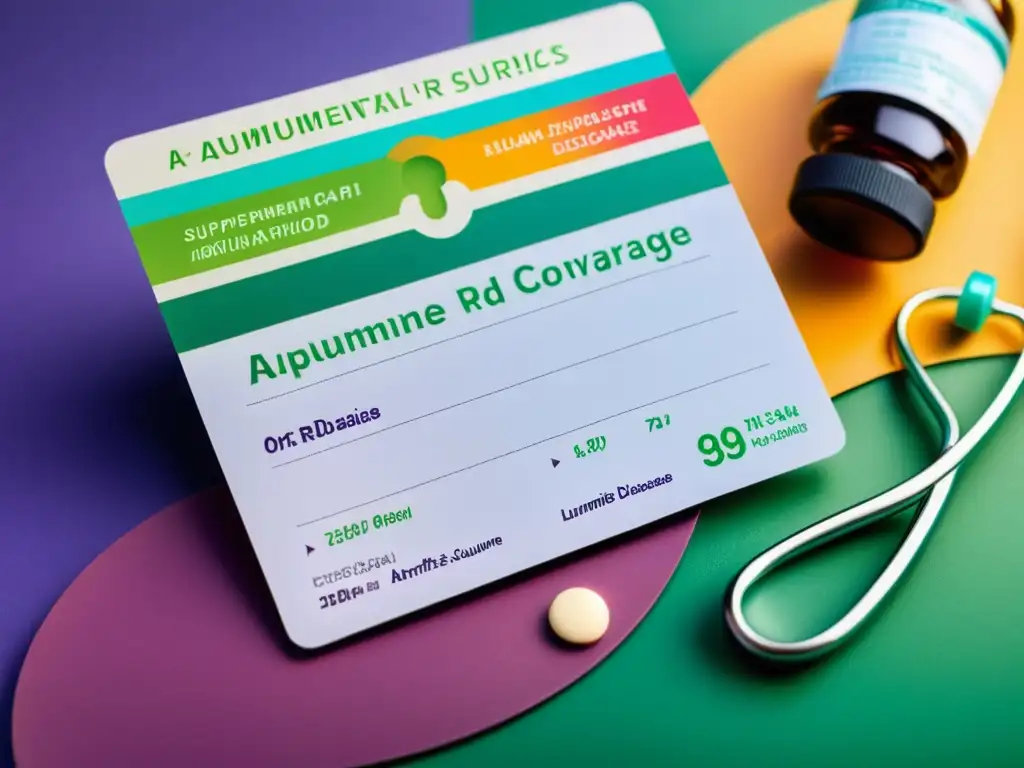 Tarjeta médica para enfermedades autoinmunes Un seguro médico completo para enfermedades autoinmunes con una tarjeta colorida, medicamentos y un fondo natural relajante