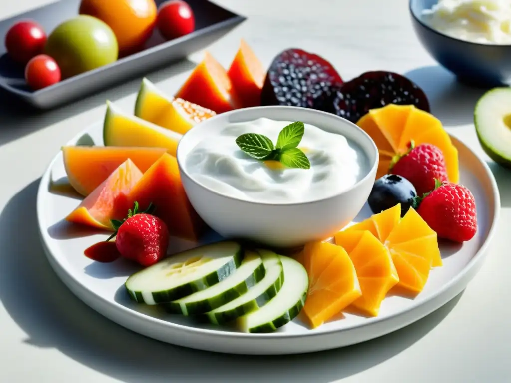 Exquisita variedad de alimentos fermentados en plato elegante Una selección de alimentos fermentados con colores vibrantes y texturas tentadoras, promoviendo beneficios probióticos para sistema inmune