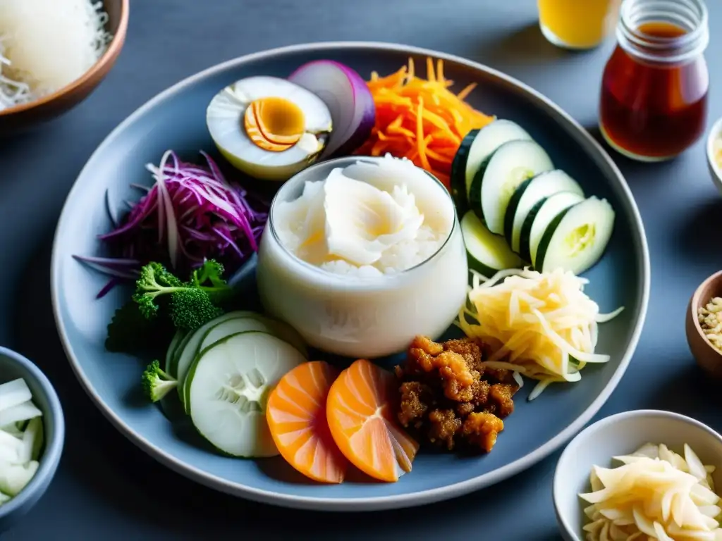 Deliciosos alimentos fermentados: colores y texturas sorprendentes Una selección de alimentos fermentados, como kimchi, chucrut, kéfir y kombucha, exhibe sus vibrantes colores y texturas en un elegante plato