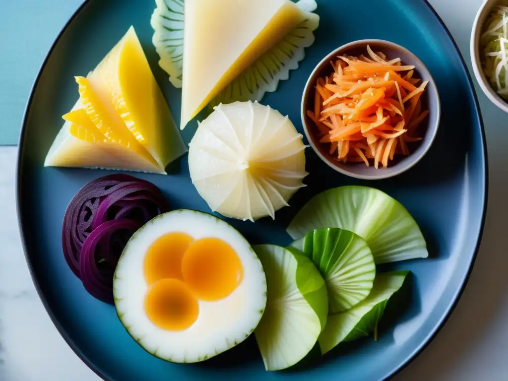 Una selección de alimentos fermentados, como sauerkraut, kimchi, kefir y kombucha, exhibe sus vibrantes colores y texturas en una elegante bandeja