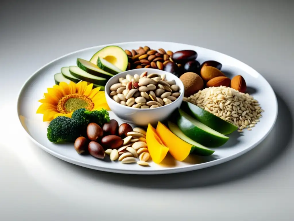 Una selección de alimentos ricos en selenio dispuestos de forma artística en un plato blanco, iluminados suavemente
