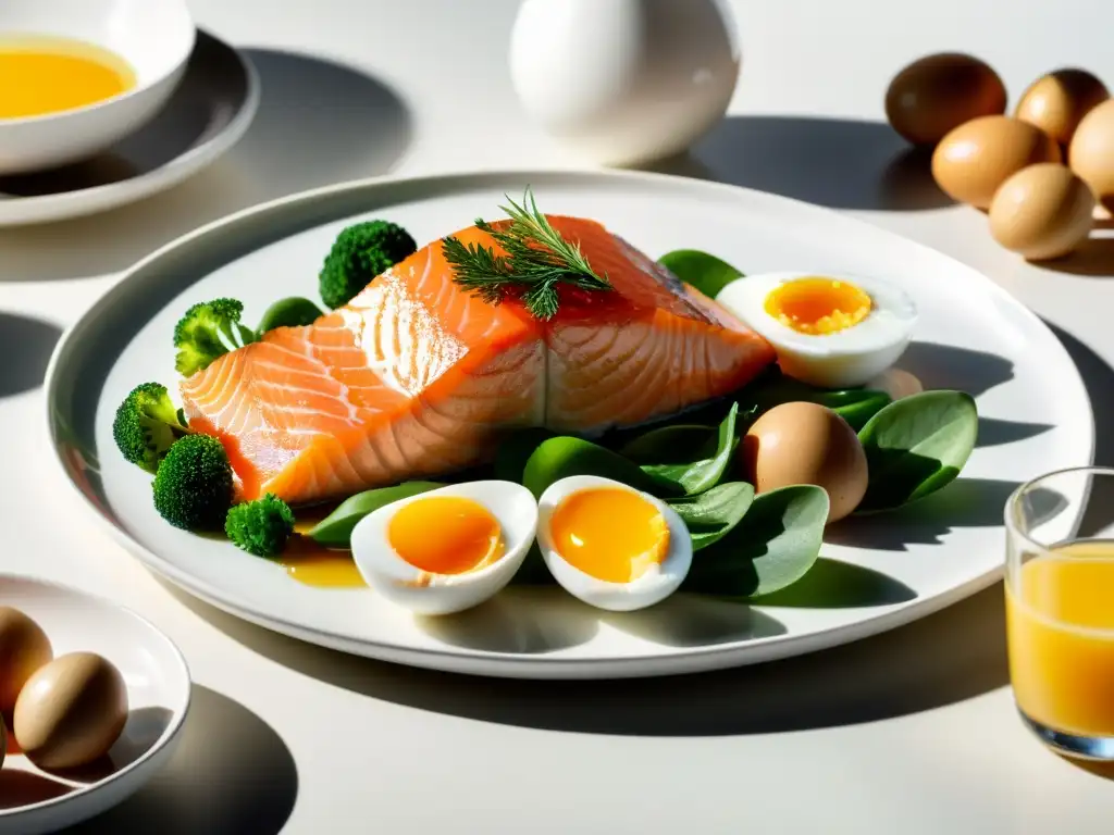 Una selección de alimentos ricos en vitamina D, como salmón, huevos, leche fortificada y champiñones, dispuestos en una elegante bandeja blanca