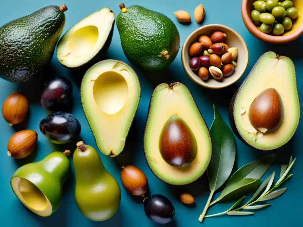 Exquisita variedad de alimentos saludables ricos en grasas saludables Una selección de alimentos saludables ricos en grasas saludables fortalecen sistema inmunológico, con colores vibrantes y texturas variadas