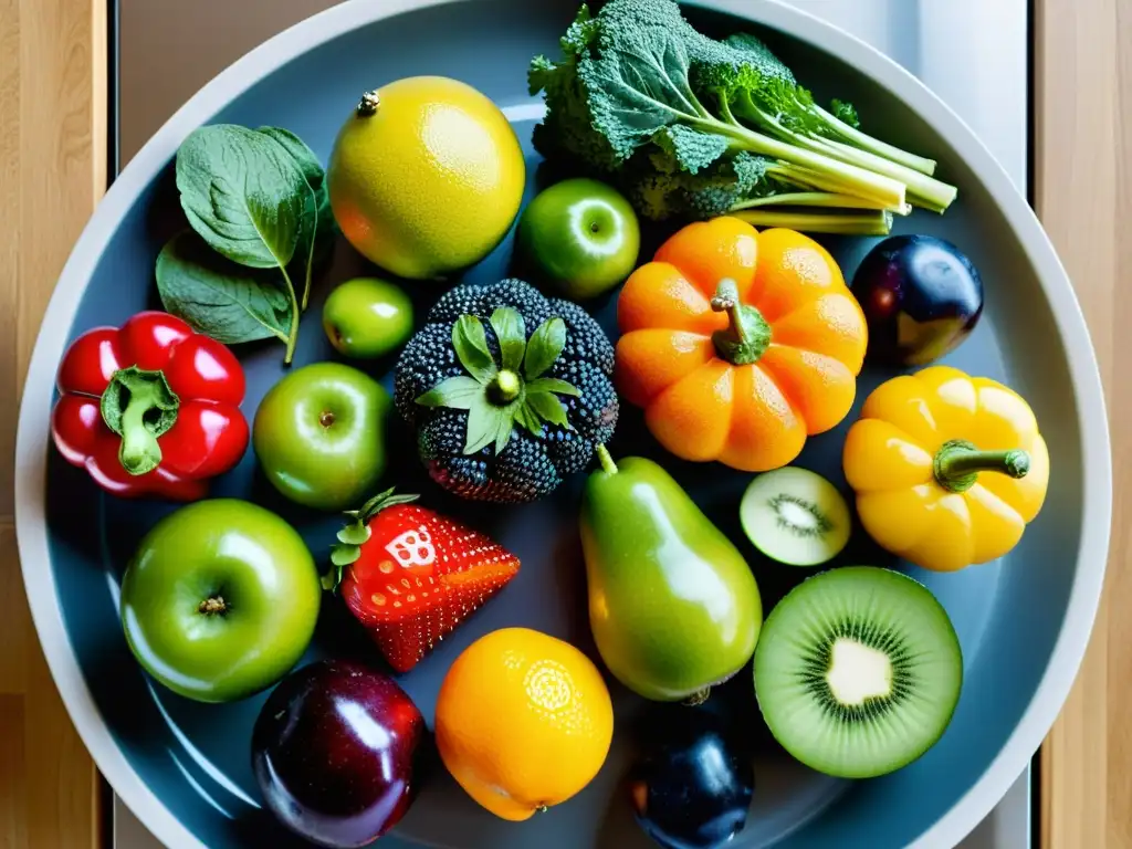 Exquisita variedad de frutas y verduras en encimera moderna Una selección de frutas y verduras frescas y coloridas dispuestas en un patrón circular sobre una encimera de cocina moderna