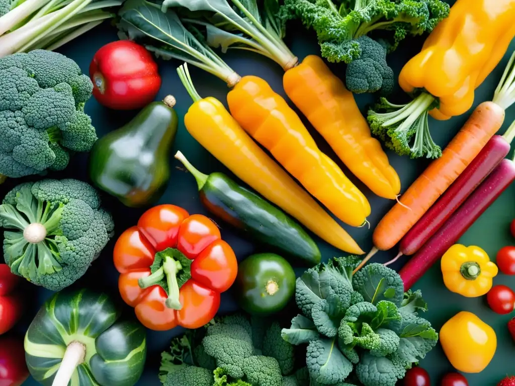 Exquisita variedad de frutas y verduras frescas Una selección de frutas y verduras frescas, vibrantes y coloridas, resaltando la importancia de la nutrición para fortalecer el sistema inmunológico