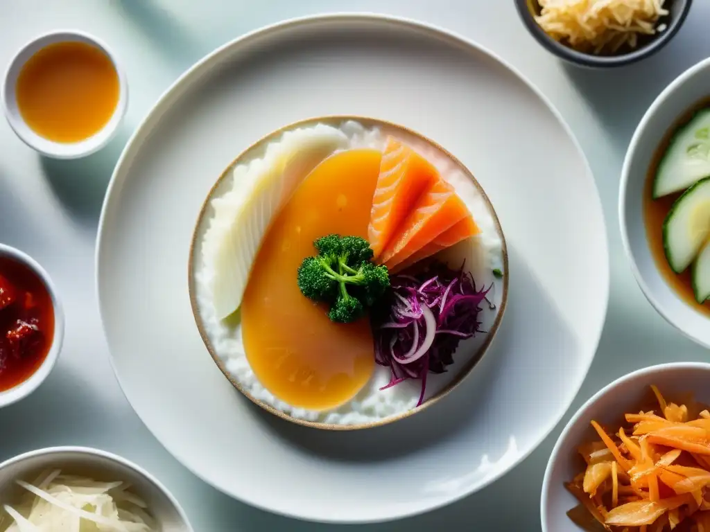 Una selección vibrante de alimentos fermentados que resaltan beneficios para el sistema inmunológico en un plato blanco minimalista