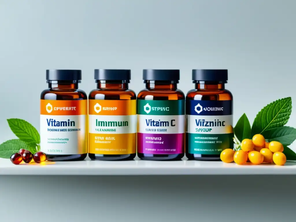 Suplementos inmunes: potencia tu salud Una selección vibrante y colorida de suplementos para fortalecer el sistema inmune en un elegante mostrador blanco