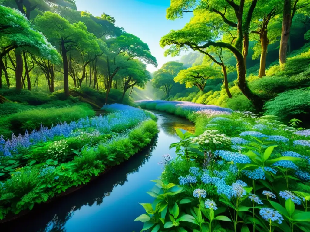 Bosque curativo: sendero de hierbas y flores bajo el sol filtrado Sendero de hierbas y flores en un bosque sereno con poder curativo para el sistema inmunológico