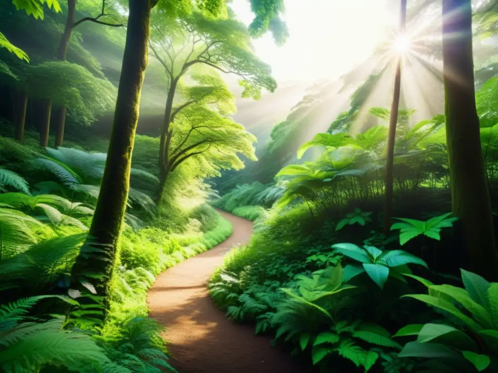 Bosque sereno: sendero hacia la naturaleza Un sendero serpenteante en un frondoso bosque verde, invitando a la desintoxicación digital para salud mental en la naturaleza inmersiva y tranquila