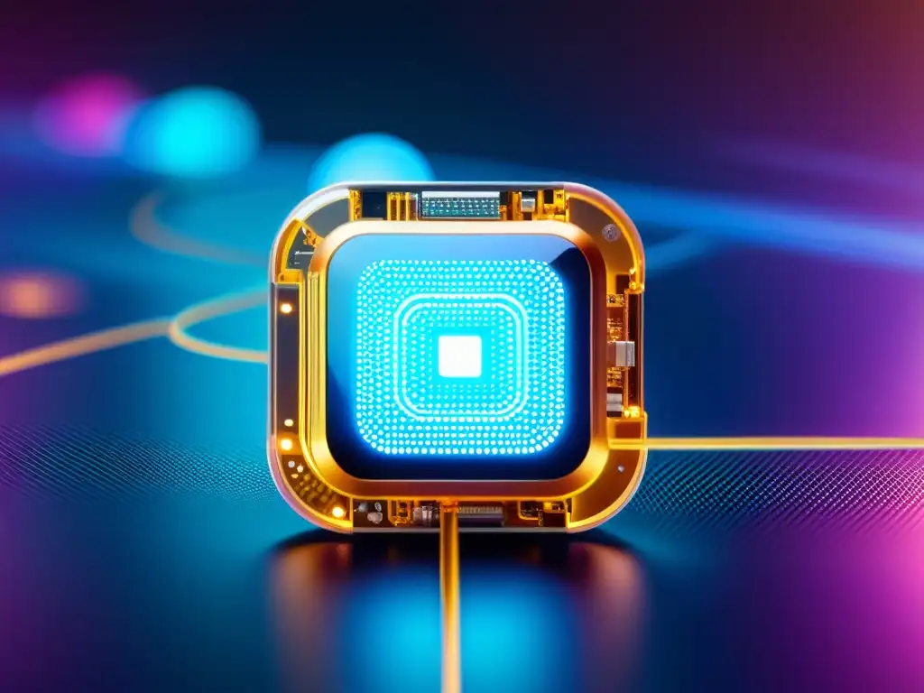 Implante inmunológico: Tecnología médica futurista Un sensor inmunológico implantable rodeado de células humanas, con circuitos y sensores visibles en su superficie, conectado a un dispositivo médico moderno