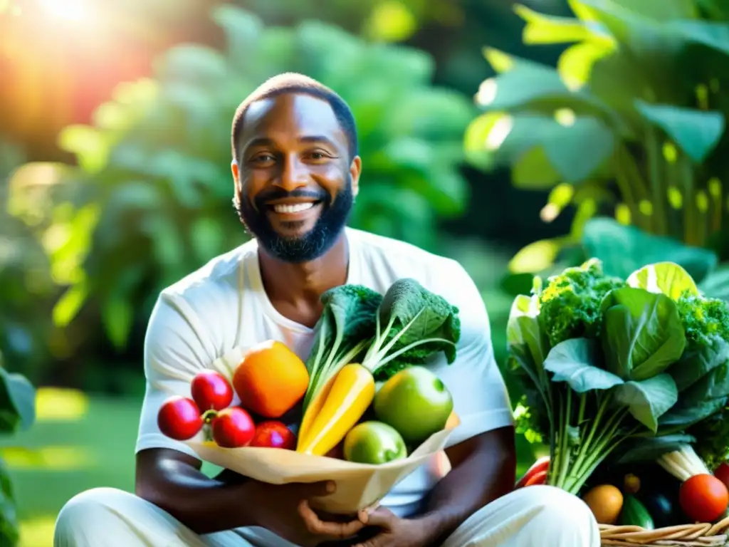 Anthony William: Sanación en el jardín con frutas y verduras Anthony William en un jardín sereno, sosteniendo frutas y verduras