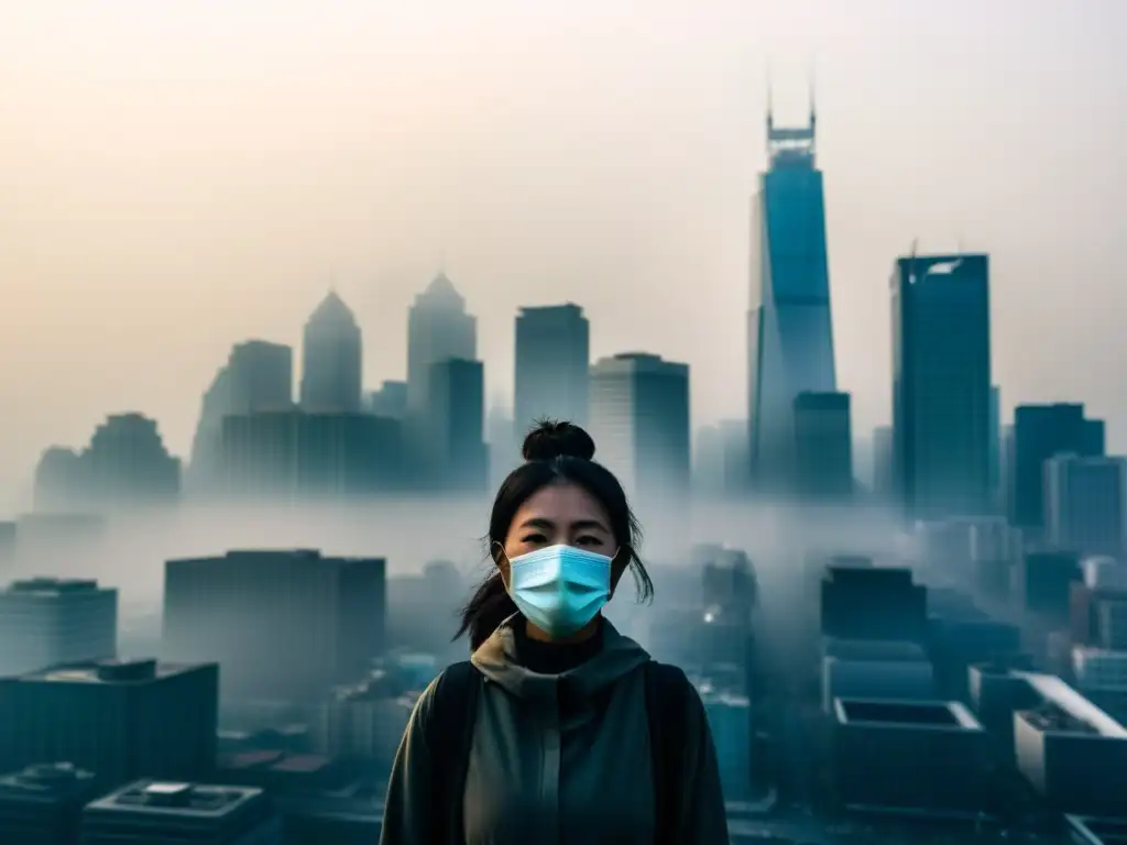 Horizonte urbano contaminado: impacto visual del smog en la ciudad Silueta de la ciudad moderna envuelta en espesa capa de smog, con edificios parcialmente ocultos
