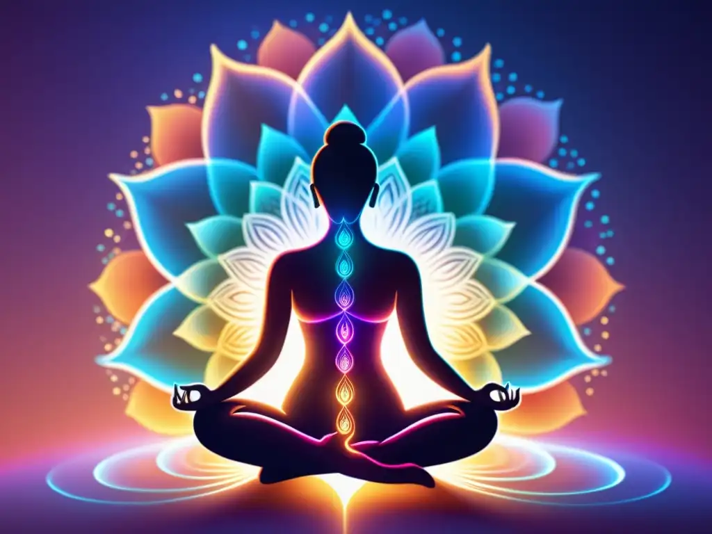 Silueta humana meditando entre patrones vibrantes, representando la conexión entre mindfulness y el sistema inmunológico