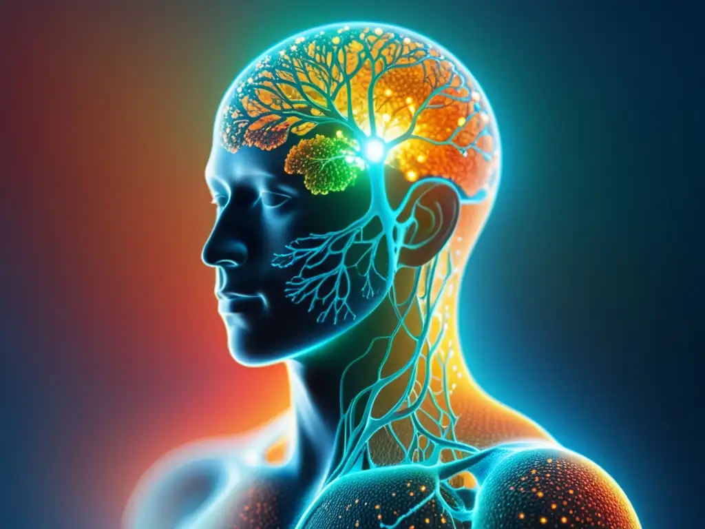 Silueta humana transparente con líneas y nodos brillantes, mostrando el sistema inmunológico