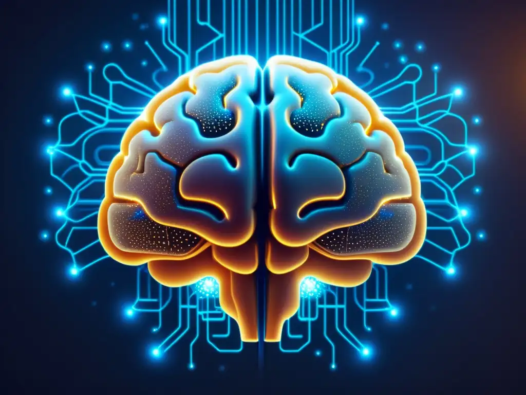 Símbolo de avance científico: un cerebro futurista iluminado con patrones de circuitos, conectando el sueño y el sistema inmunológico