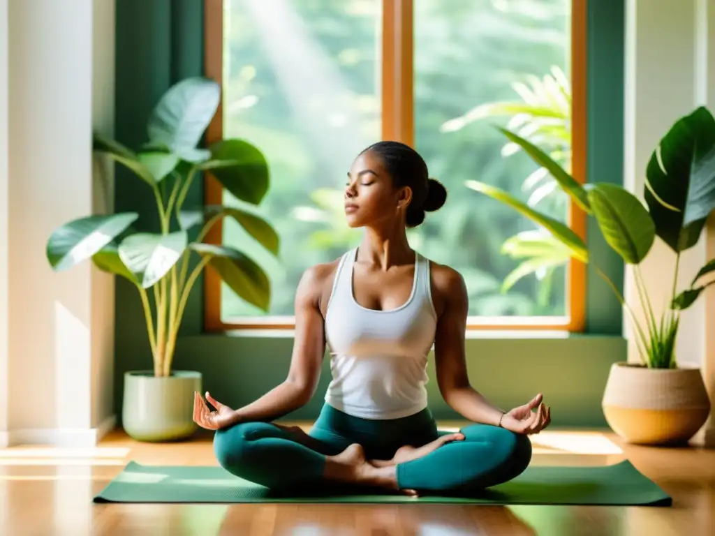 Práctica de mindfulness en un espacio sereno Práctica de mindfulness para fortalecer sistema inmunológico en ambiente sereno y moderno con plantas verdes