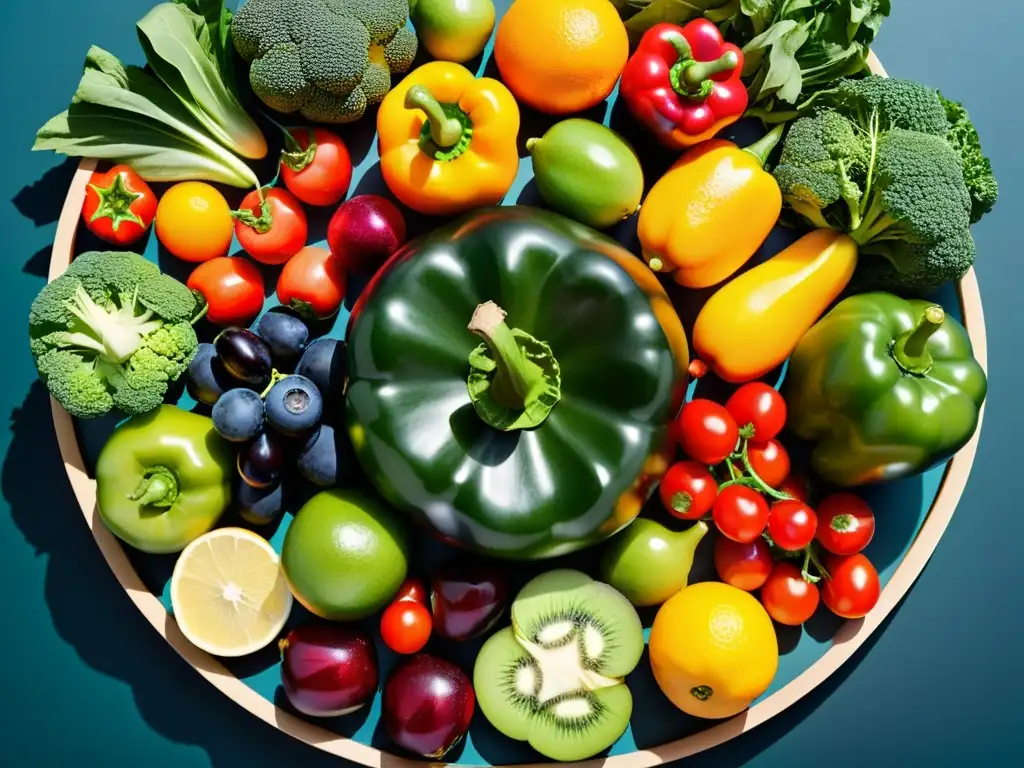 Nutrición para fortalecer sistema inmunológico: Círculo de frutas y verduras vibrantes en superficie reflectante, resaltando frescura y vitalidad