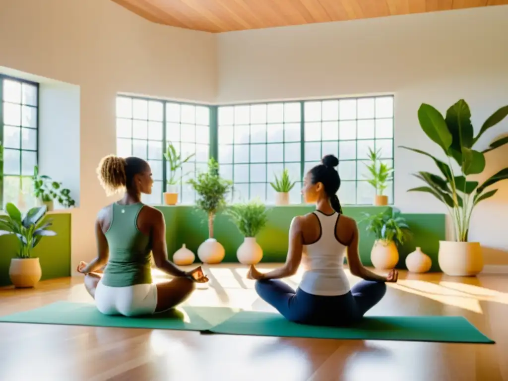 Yogis en armonía: Kundalini Yoga en un estudio moderno Práctica de Kundalini Yoga para fortalecer sistema inmunológico en un estudio con luz natural y plantas vibrantes, transmitiendo serenidad y vitalidad