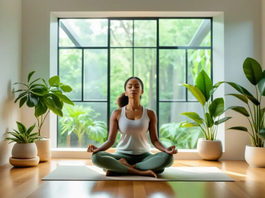 Serena meditación en un oasis natural Sistema inmunológico y mindfulness: Persona meditando en un espacio minimalista con plantas, luz natural y serenidad