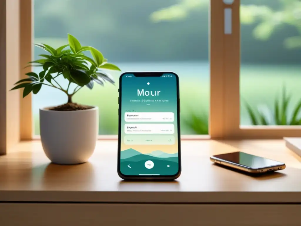 App de Mindfulness: Serenidad en Pantalla Un smartphone muestra una app de mindfulness con colores relajantes y una interfaz minimalista, en un ambiente sereno y contemporáneo