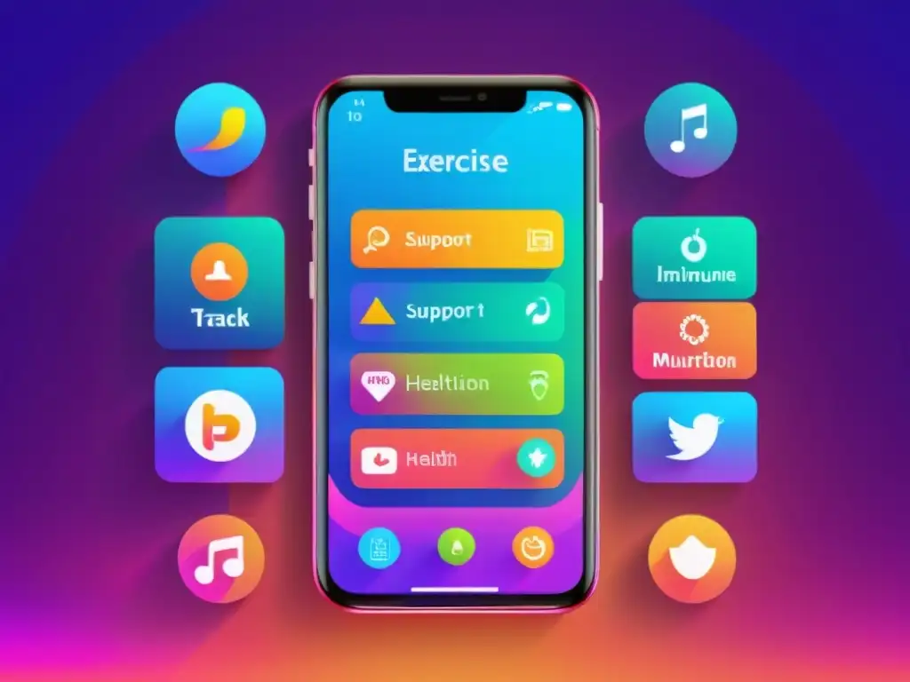 Apps de salud vibrantes para fortalecer el sistema inmunológico Smartphone con apps para fortalecer sistema inmunológico, ofrece herramientas de salud y bienestar en una interfaz moderna y colorida