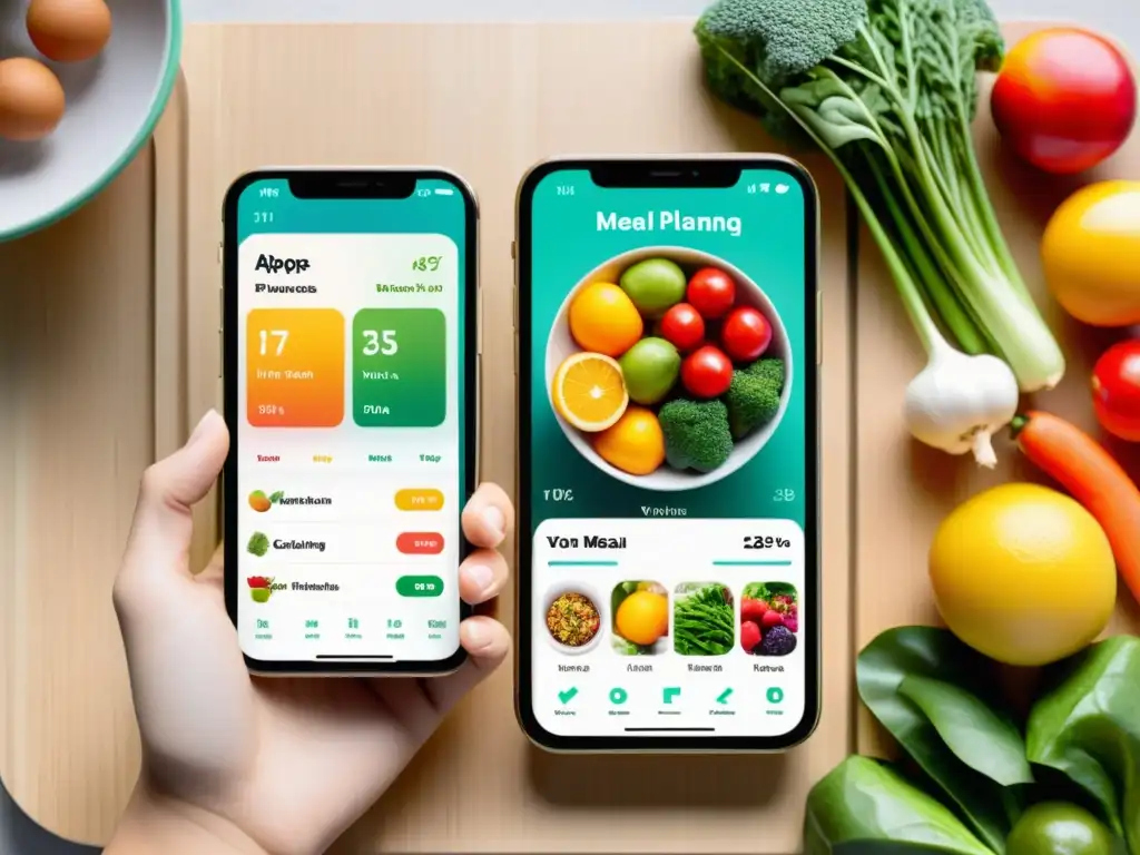 App de Nutrición Colorida en Smartphone Un smartphone moderno muestra una app de nutrición y planificación de comidas