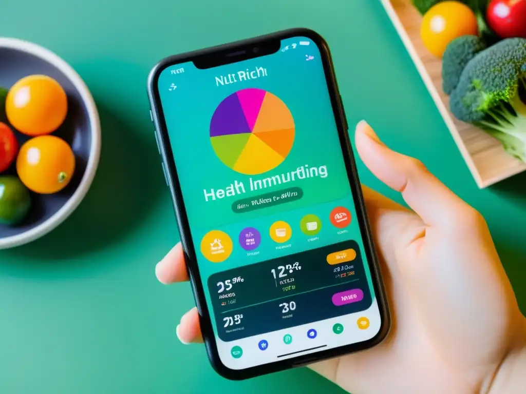 App de Nutrición Inmune: Innovación y Salud Un smartphone moderno muestra una app de salud y nutrición con alimentos vibrantes y seguimiento personalizado