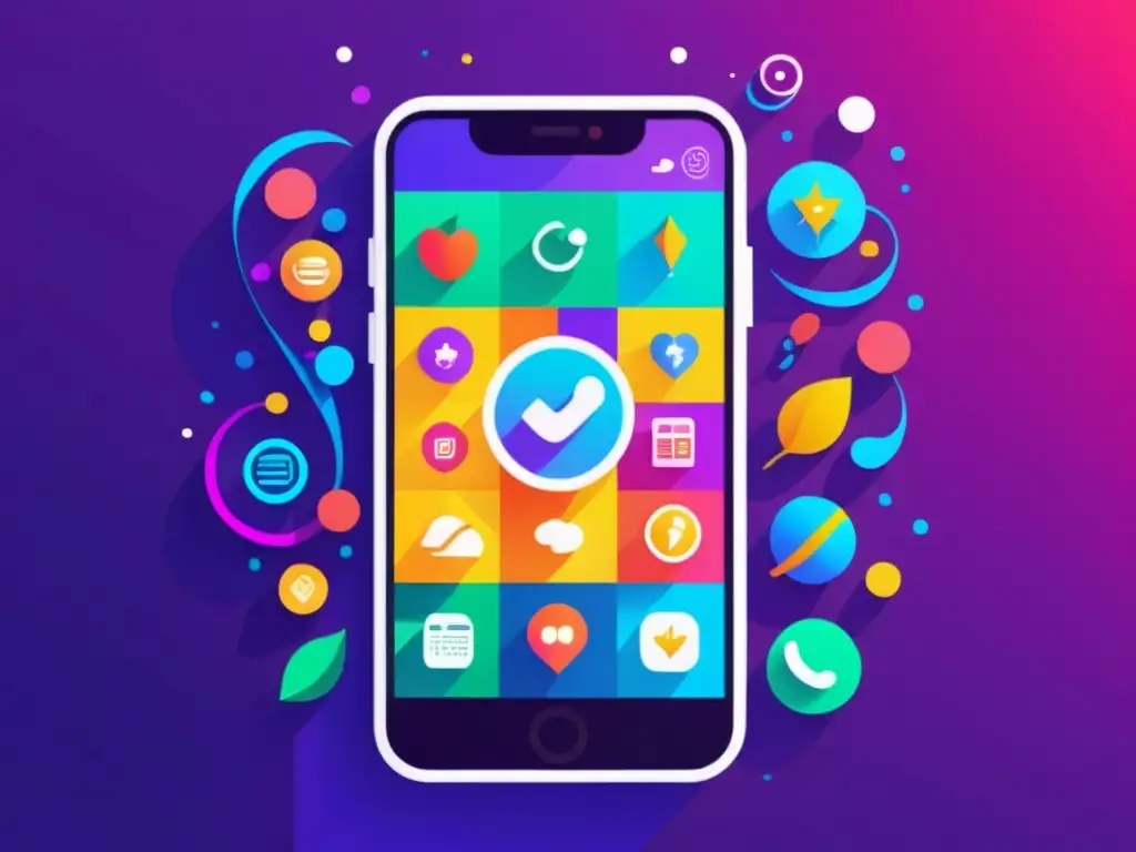 Smartphone futurista con apps de bienestar Un smartphone moderno muestra apps para fortalecer sistema inmunológico en un diseño vibrante y futurista