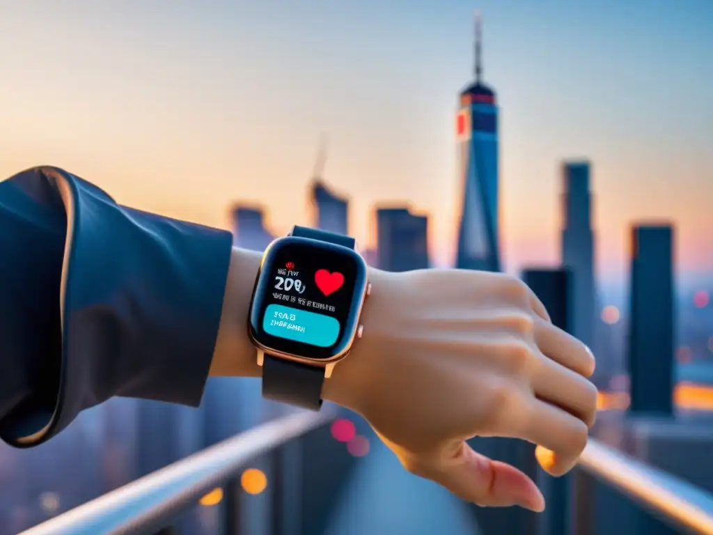 Smartwatch de salud en ciudad futurista Un smartwatch elegante muestra métricas de salud en una ciudad futurista, destacando su papel en la mejora de la inmunidad