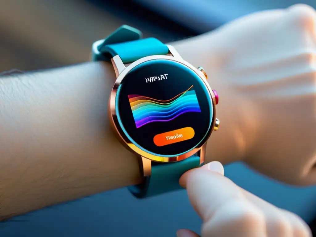Reloj inteligente de última generación estimula sistema inmune Un smartwatch futurista con pantalla vibrante y sensores biométricos que estimulan el sistema inmunológico