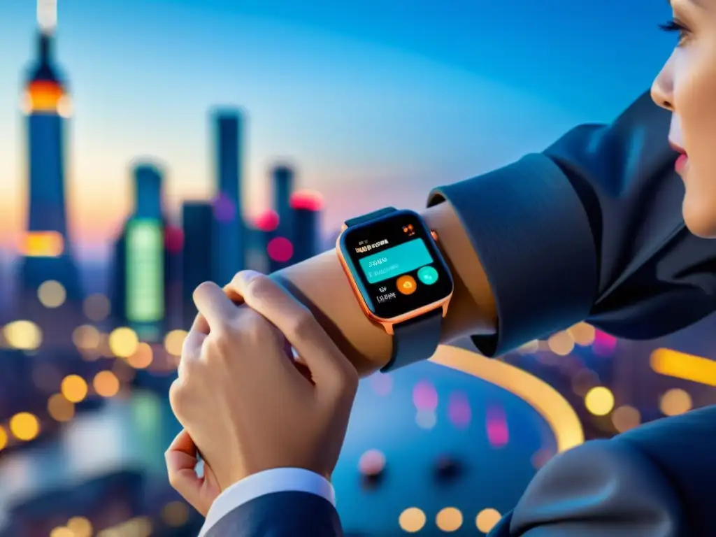 Smartwatch 8k: Tecnología de salud y estilo urbano Un smartwatch moderno muestra datos de salud e inmunología en una ciudad futurista