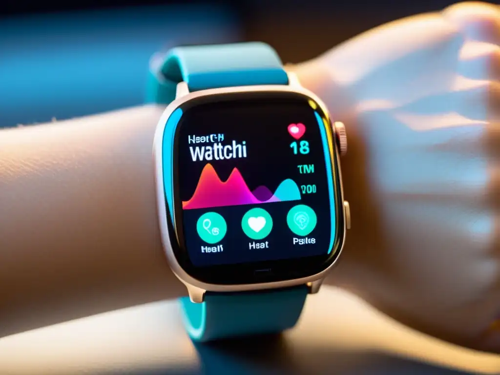 Smartwatch de vanguardia con métricas de salud detalladas Un smartwatch moderno muestra métricas de salud y actividad en una imagen sofisticada y futurista