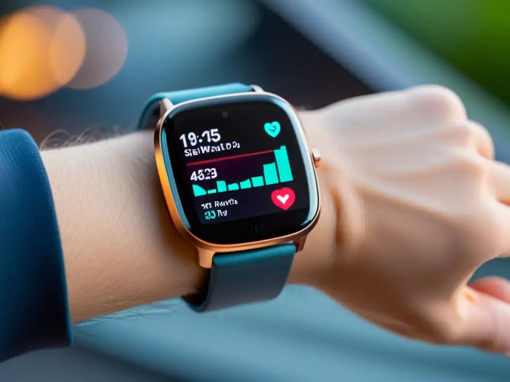 Smartwatch de alta tecnología: salud y bienestar en tu muñeca Un smartwatch moderno y ultradelgado muestra datos de salud y fitness en alta definición, con una interfaz de app amigable