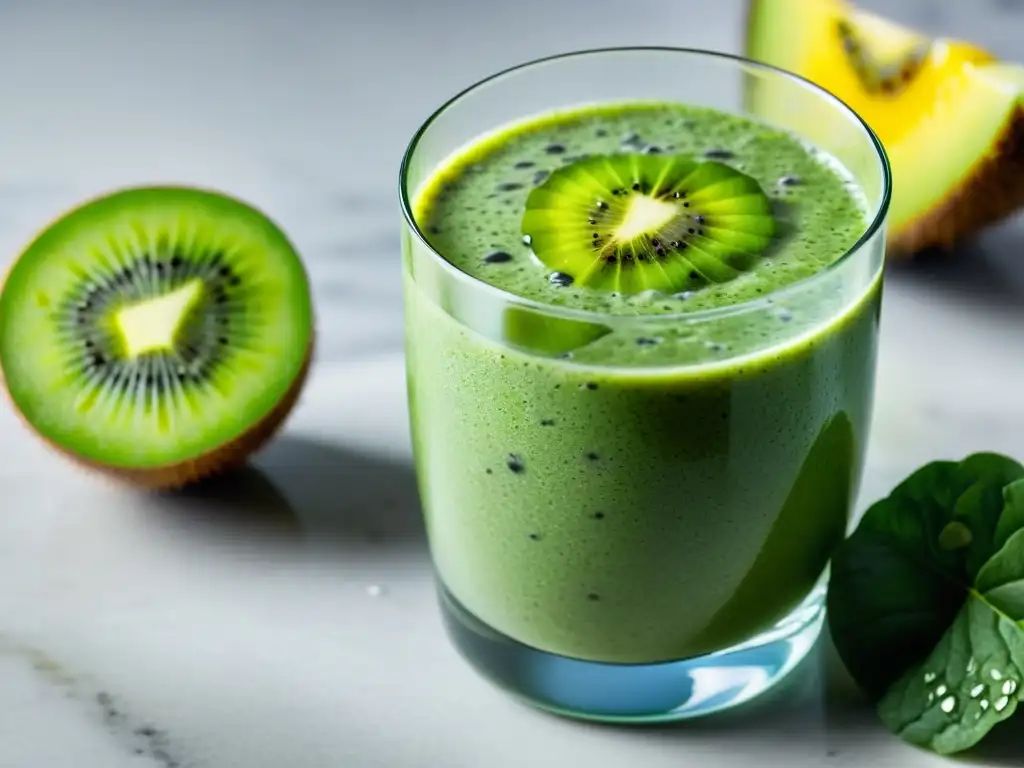 Delicioso batido verde con kiwi y espinacas en detalle Un smoothie verde refrescante y vibrante con kiwi, espinacas y semillas de chía en un vaso de cristal sobre una encimera de mármol