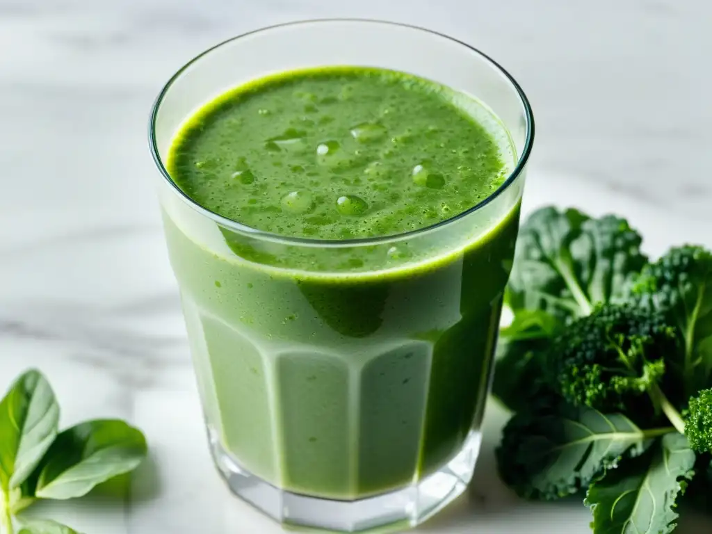 Smoothie verde vibrante: frescura y nutrientes en detalle Un smoothie verde vibrante, fresco y saludable en un vaso transparente sobre una encimera de mármol blanco, con gotas de condensación en el exterior