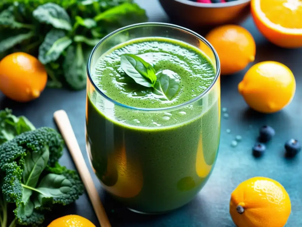 Vibrante smoothie de frutas y verduras: inmunidad en vaso Un smoothie vibrante y saludable con ingredientes frescos y coloridos