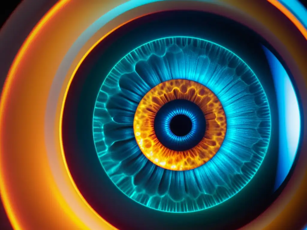 Escáner retinal de alta tecnología: detalle vibrante Sofisticado escáner retinal de alta tecnología capturando patrones detallados, en entorno futurista, para detección precoz enfermedades autoinmunes